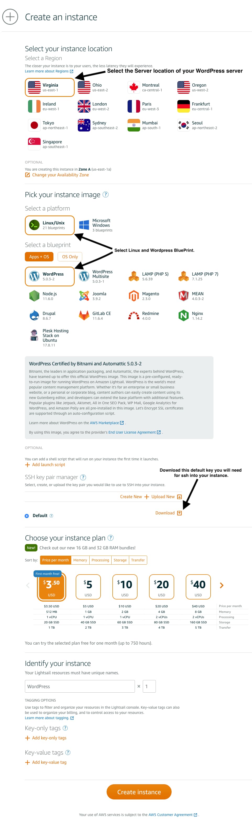 WordPress on AWS Lightsail Settings.