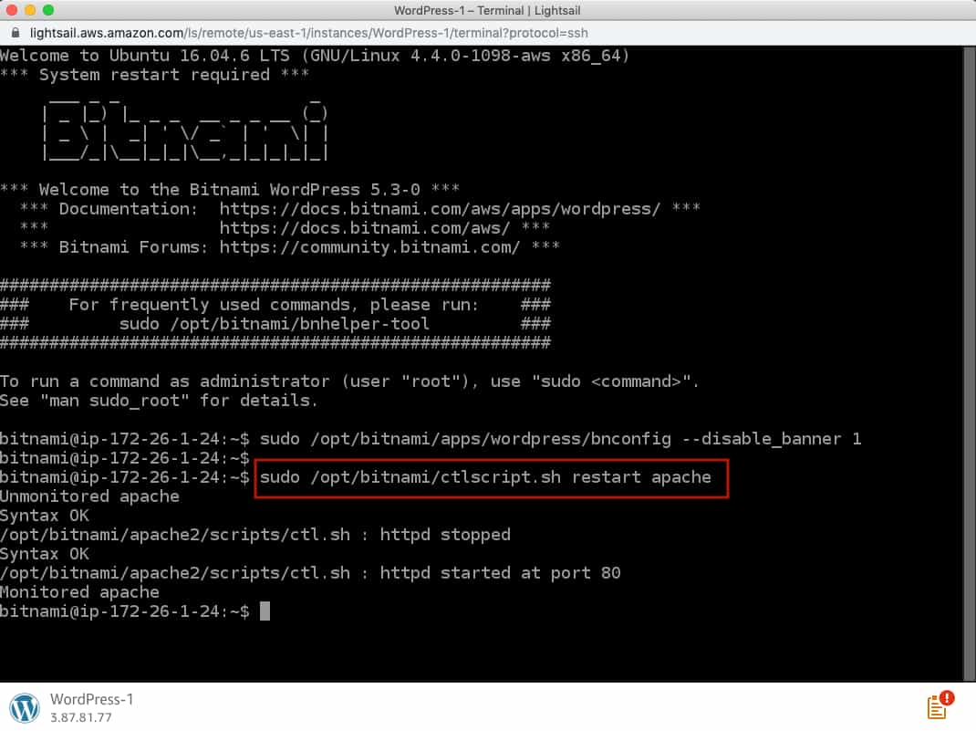 Restart Apache server Command in WordPress Server.
